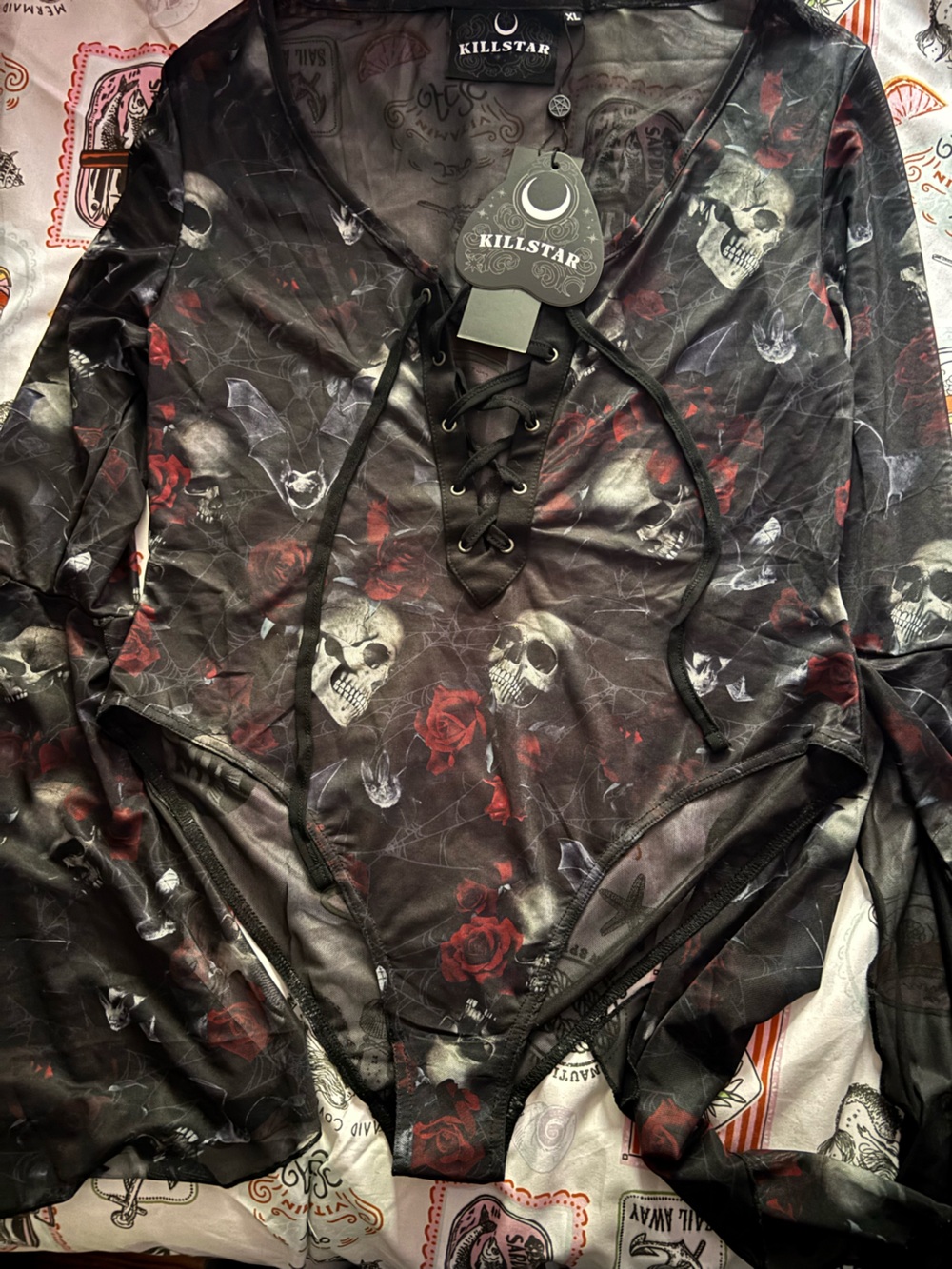 Killstar Black & Red Skull Rose Lace-Up Mesh Bodysuit - Picture 3 of 9